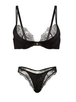 Комплект белья Envy Low-Cut Push-Up Bra Rose Lace Overlay Thong Panty Black