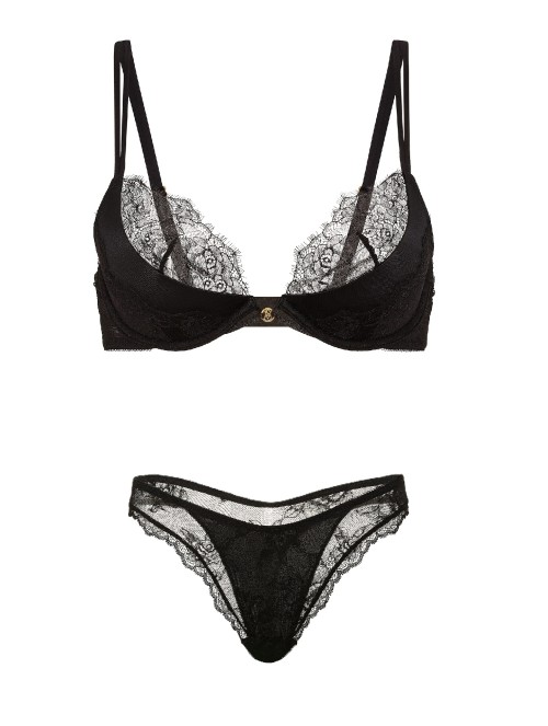 Комплект белья Envy Low-Cut Push-Up Bra Rose Lace Overlay Thong Panty Black