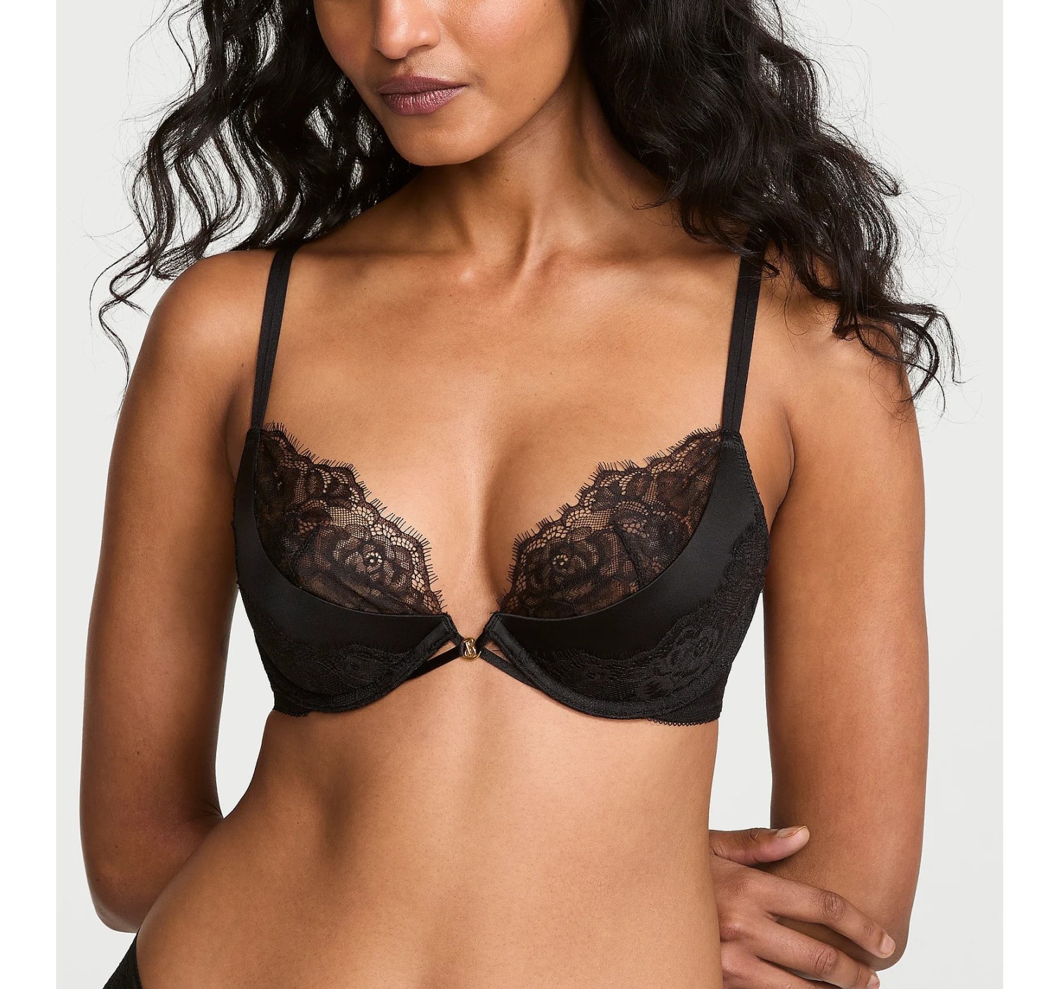 Комплект білизни Envy Low-Cut Push-Up Bra Rose Lace Overlay Thong Panty Black