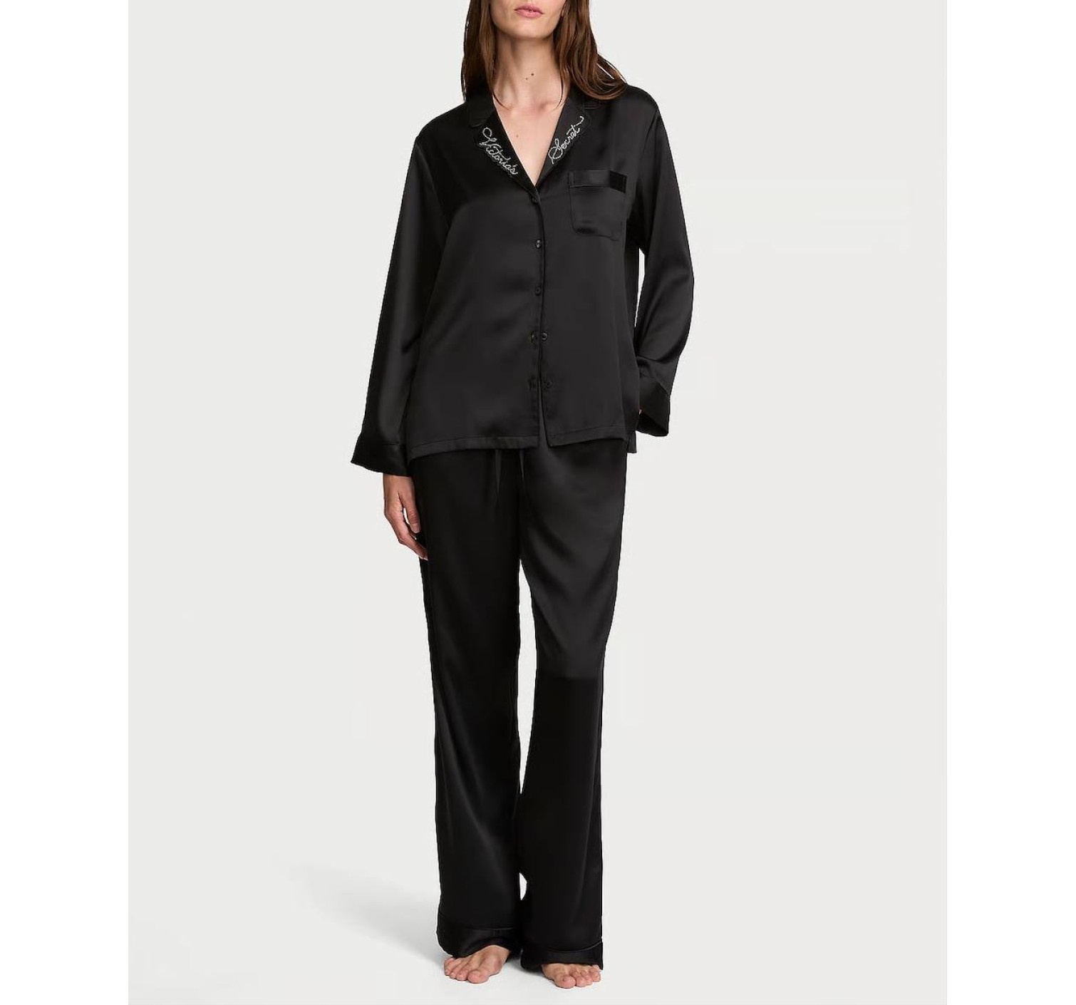 Пижама Black Glazed Satin Long Pajama Set Shine Logo