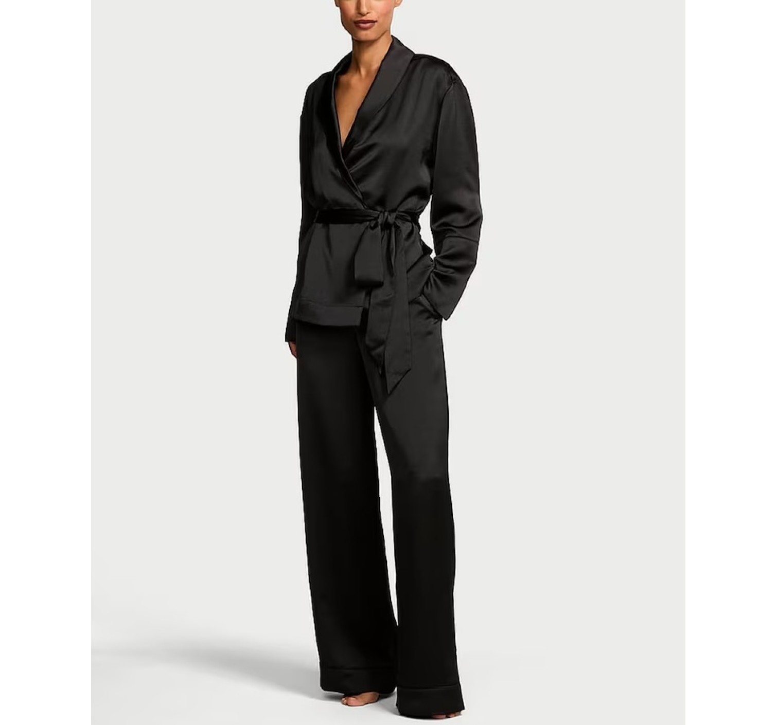 Пижама Luxe Satin Wrap and Trousers Set Black