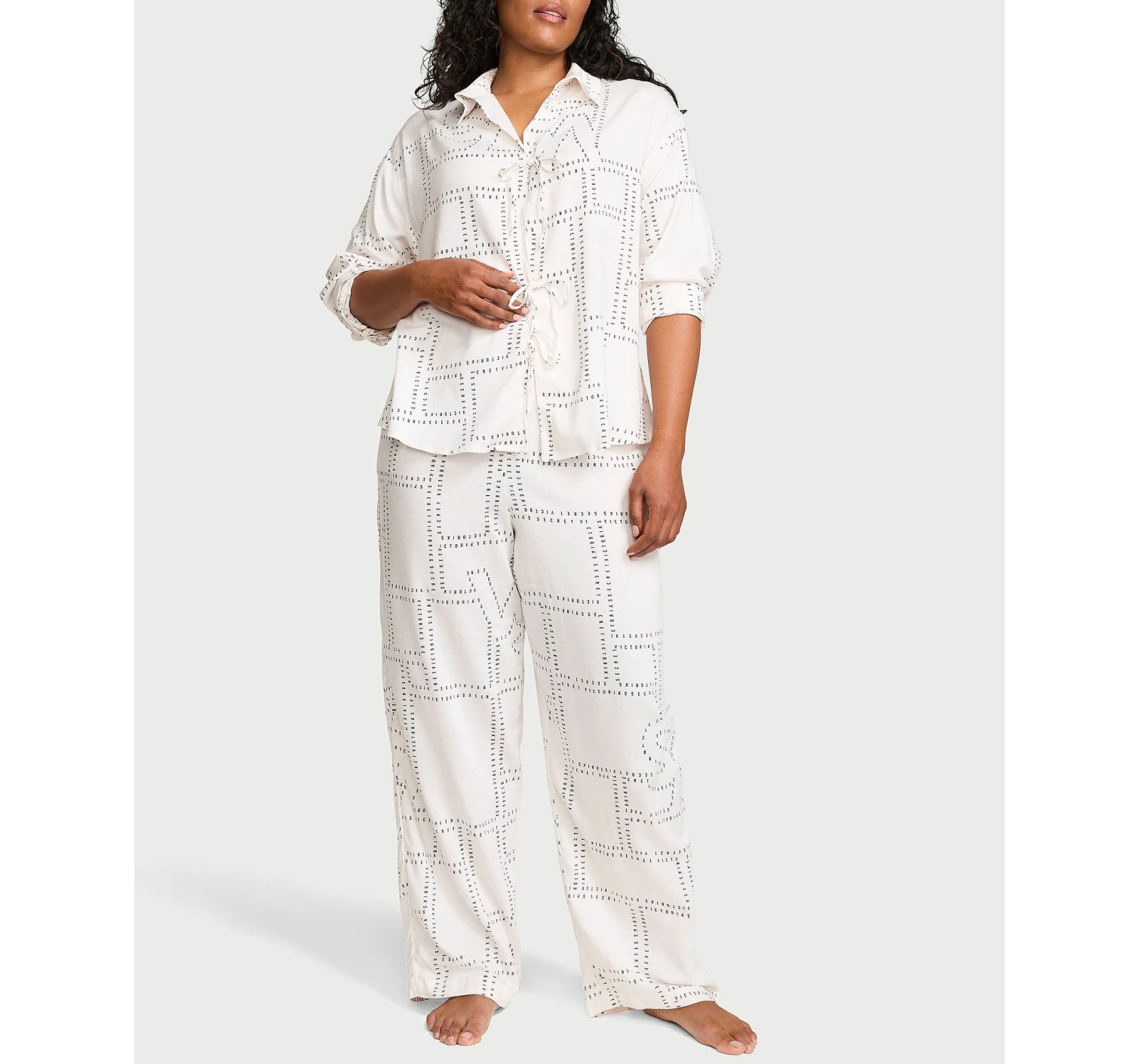Пижама Modal-Cotton Tie-Front Long Pajama Set Coconut White Logo