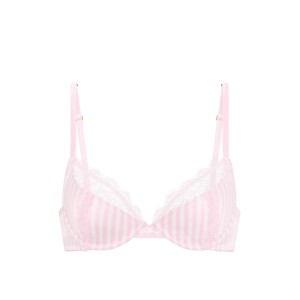 Комплект Tease Satin Lace-Trim Half-Cup Demi Bra Satin Lace-Trim Skirted Thong Panty Pink Stripes