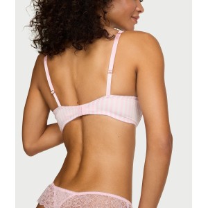Комплект Tease Satin Lace-Trim Half-Cup Demi Bra Satin Lace-Trim Skirted Thong Panty Pink Stripes