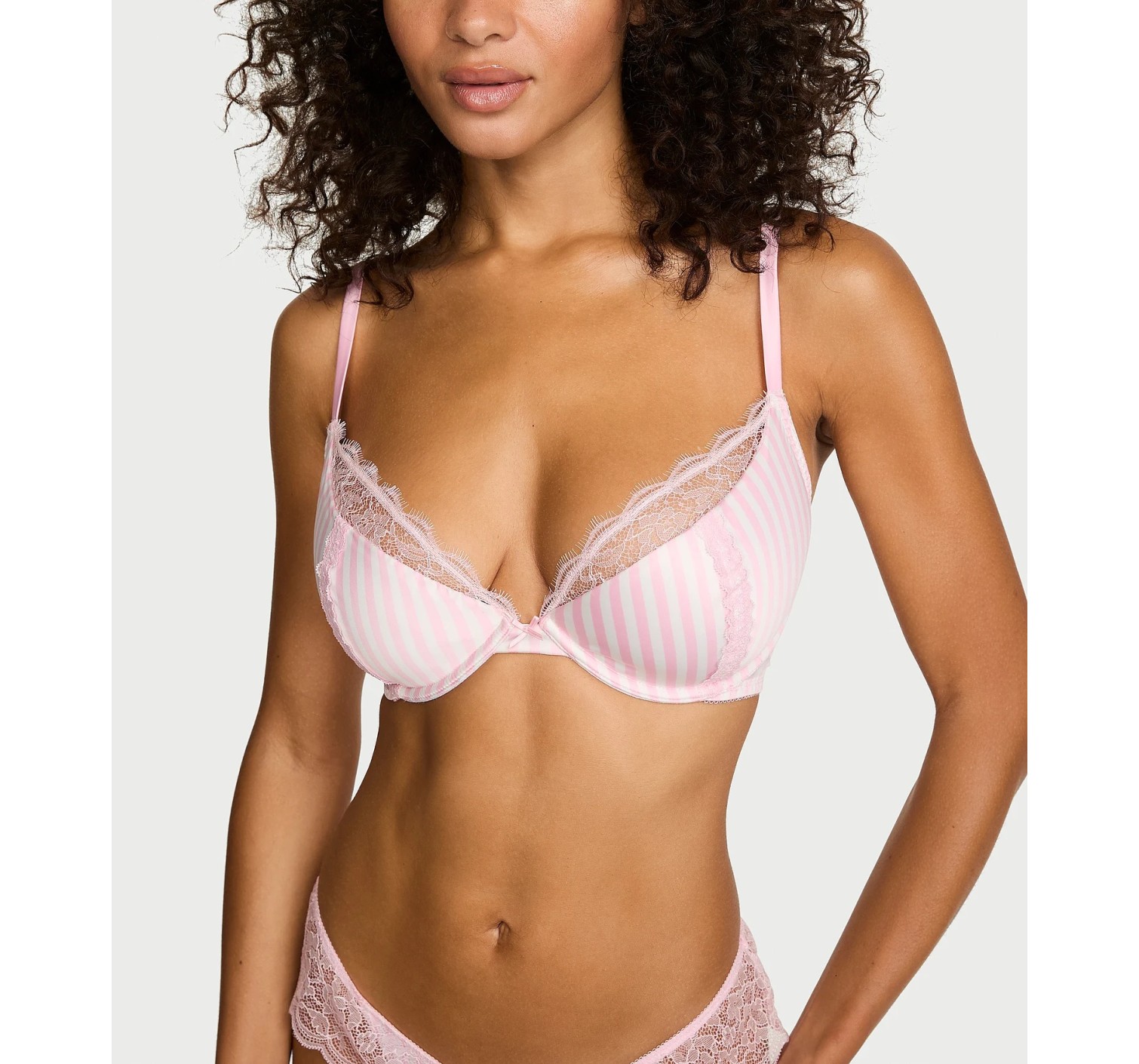 Комплект Tease Satin Lace-Trim Half-Cup Demi Bra Satin Lace-Trim Skirted Thong Panty Pink Stripes