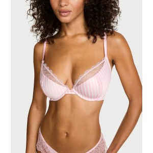 Комплект Tease Satin Lace-Trim Half-Cup Demi Bra Satin Lace-Trim Skirted Thong Panty Pink Stripes