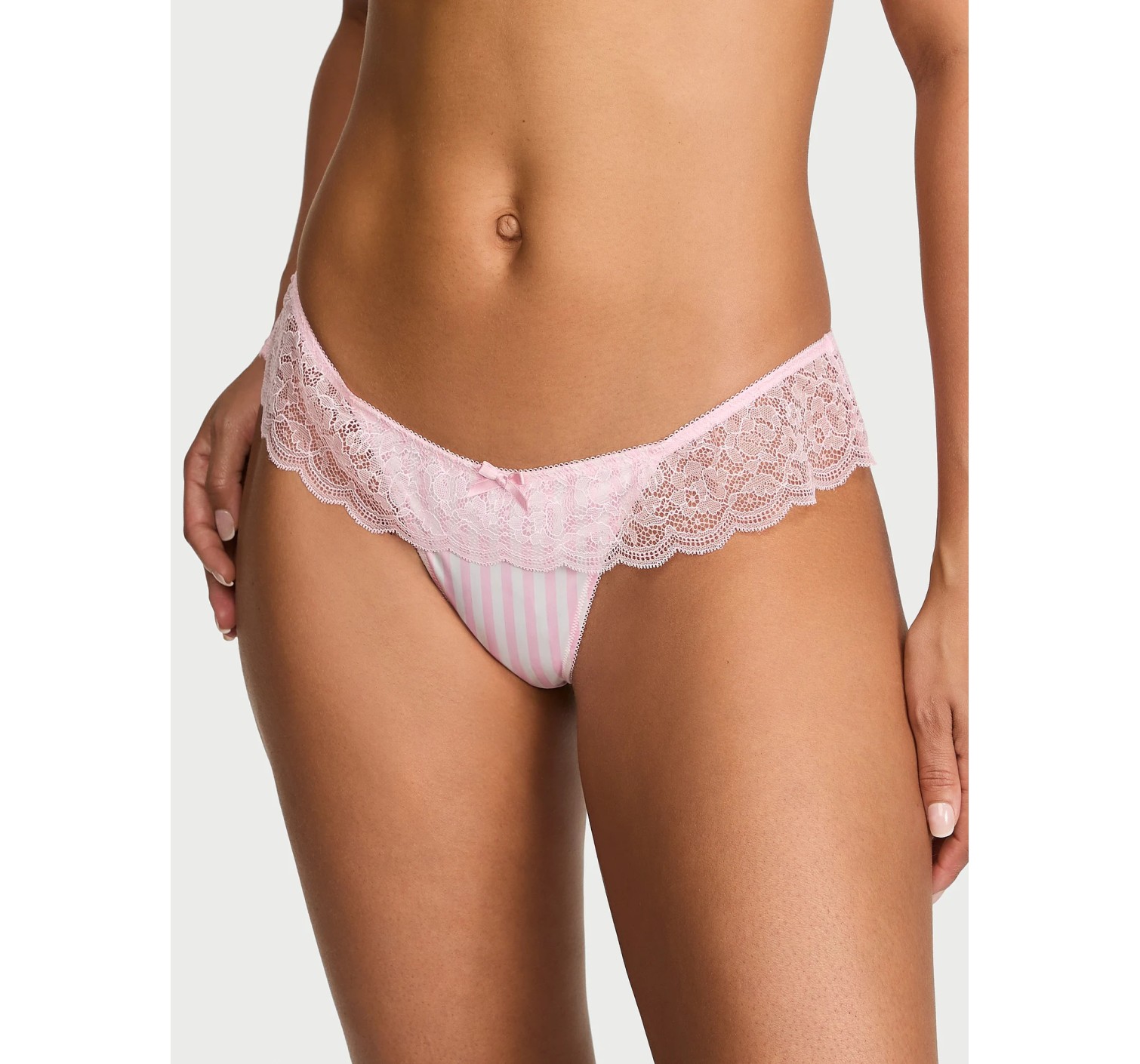 Комплект Tease Satin Lace-Trim Half-Cup Demi Bra Satin Lace-Trim Skirted Thong Panty Pink Stripes