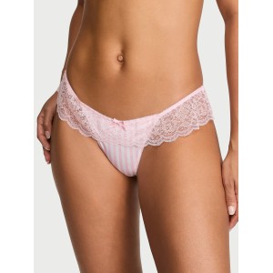 Комплект Tease Satin Lace-Trim Half-Cup Demi Bra Satin Lace-Trim Skirted Thong Panty Pink Stripes
