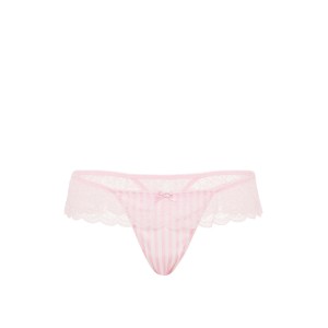 Комплект Tease Satin Lace-Trim Half-Cup Demi Bra Satin Lace-Trim Skirted Thong Panty Pink Stripes