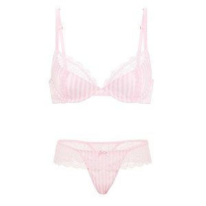 Комплект Tease Satin Lace-Trim Half-Cup Demi Bra Satin Lace-Trim Skirted Thong Panty Pink Stripes
