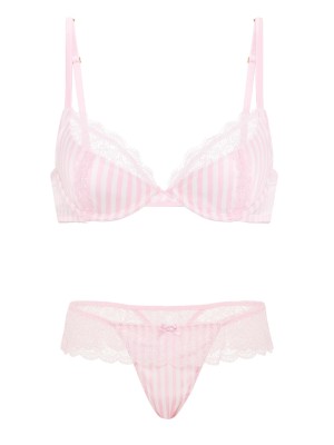 Комплект Tease Satin Lace-Trim Half-Cup Demi Bra Satin Lace-Trim Skirted Thong Panty Pink Stripes