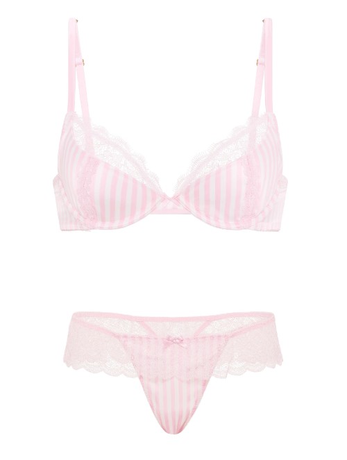 Комплект Tease Satin Lace-Trim Half-Cup Demi Bra Satin Lace-Trim Skirted Thong Panty Pink Stripes