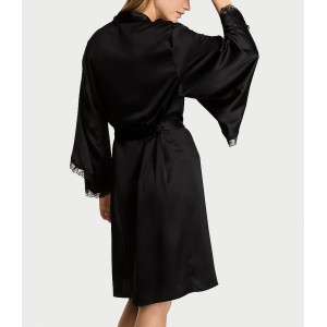 Халат Satin Rose Lace-Trim Midi Robe Black