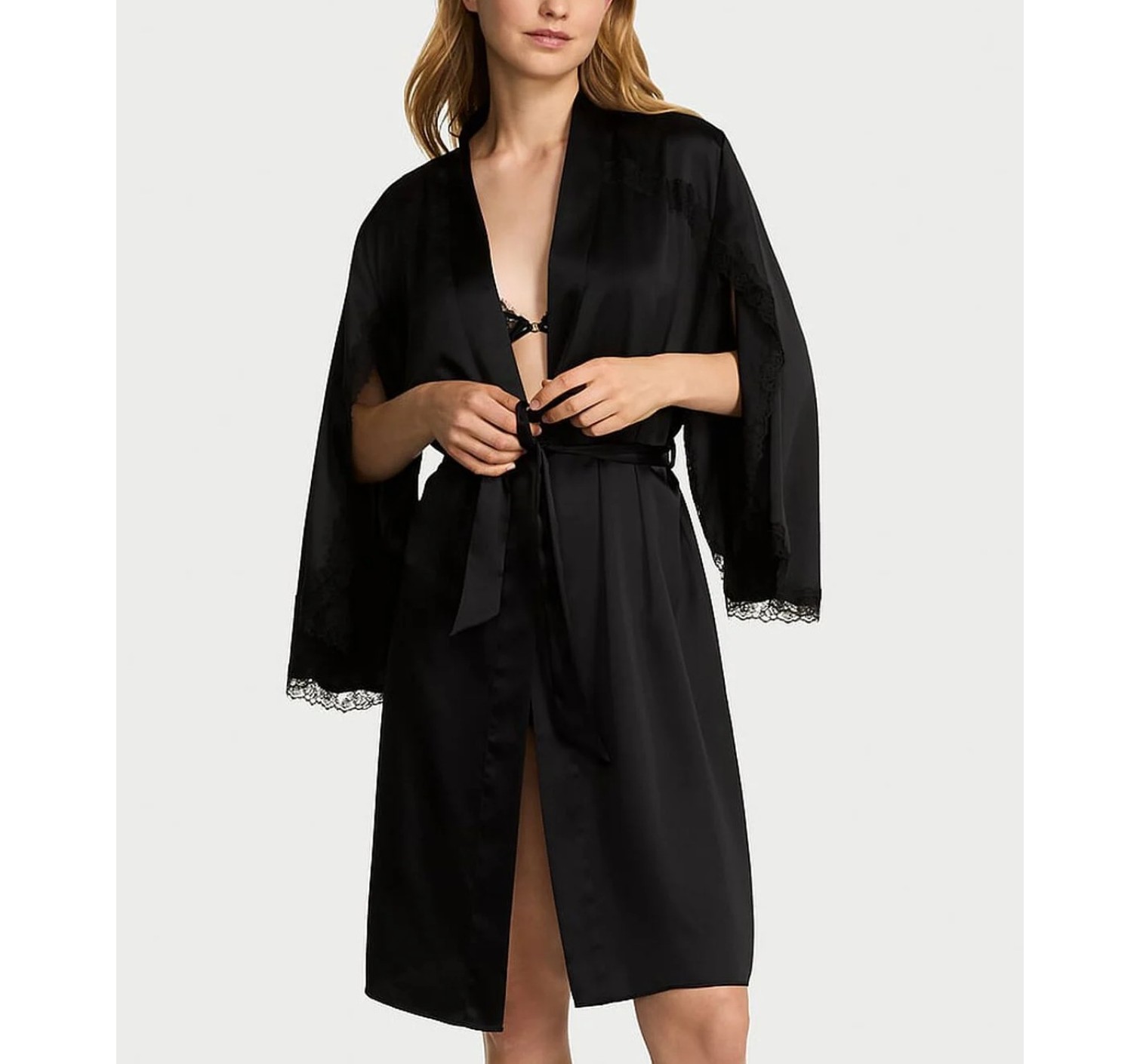 Халат Satin Rose Lace-Trim Midi Robe Black