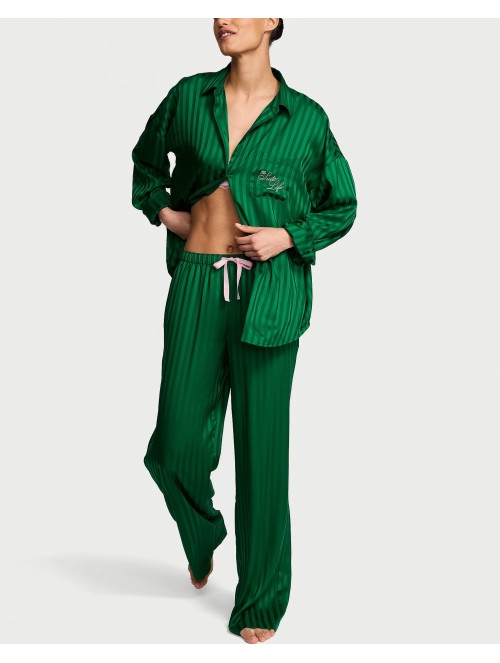 Піжама Signature Satin Oversized Long Pajama Set Prettiest Pine Stripes