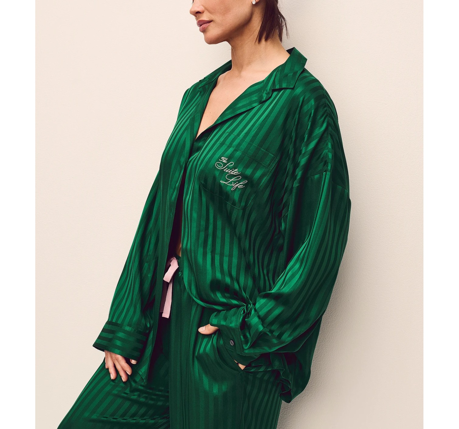 Пижама Signature Satin Oversized Long Pajama Set Prettiest Pine Stripes