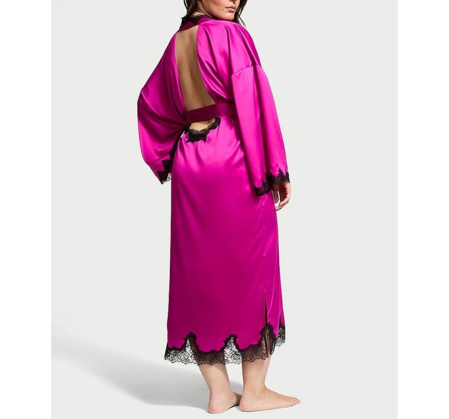 Халат Satin & Rose Lace Open-Back Long Robe OUTRAGEOUS PINK