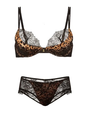 Комплект Low-Cut Push-Up Bra Rose Lace Overlay Cheeky Panty Set Leopard