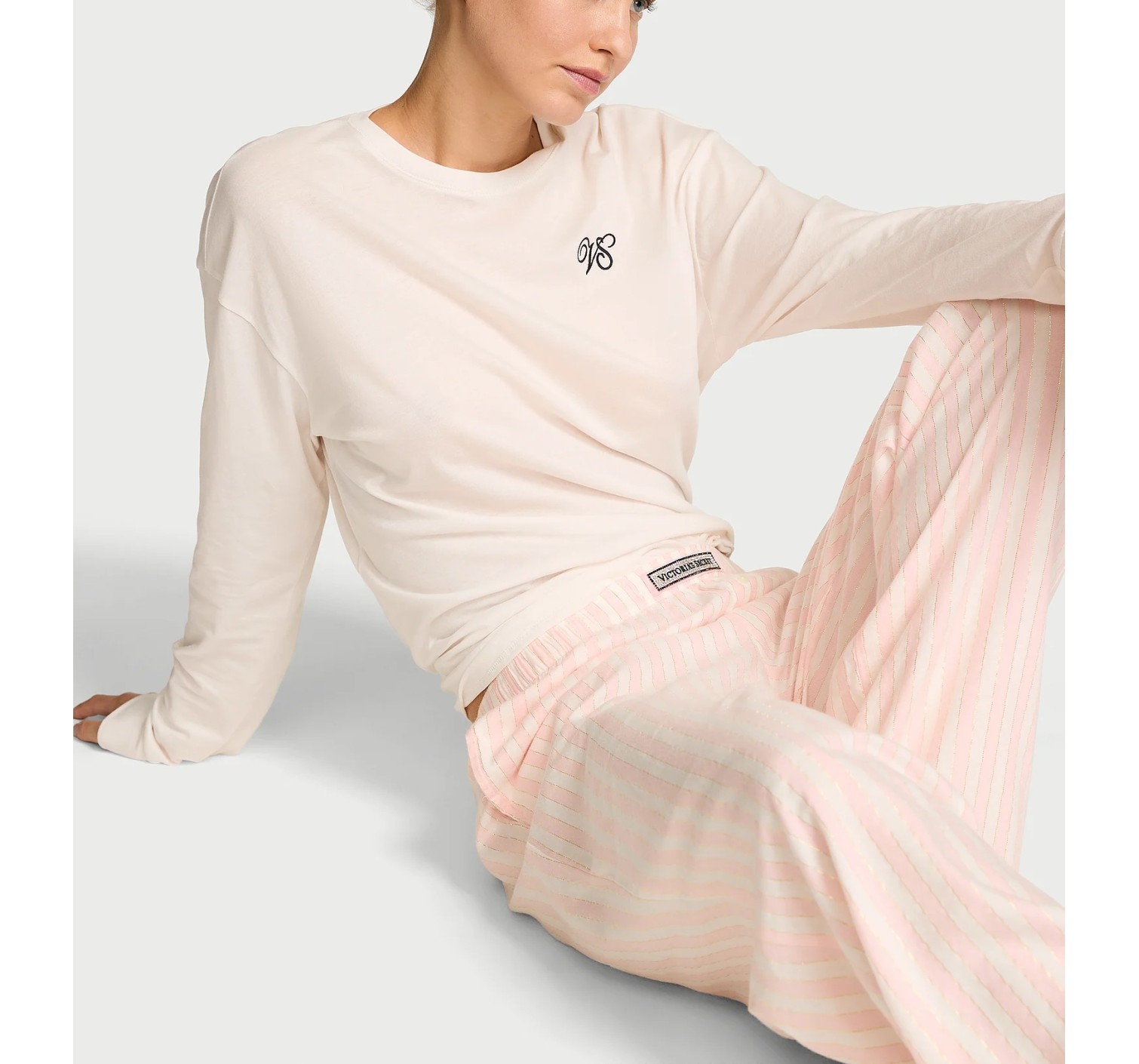 Піжама Flannel Long Tee-Jama & Scrunchie Set White & Pink Shimmer Heritage Stripes