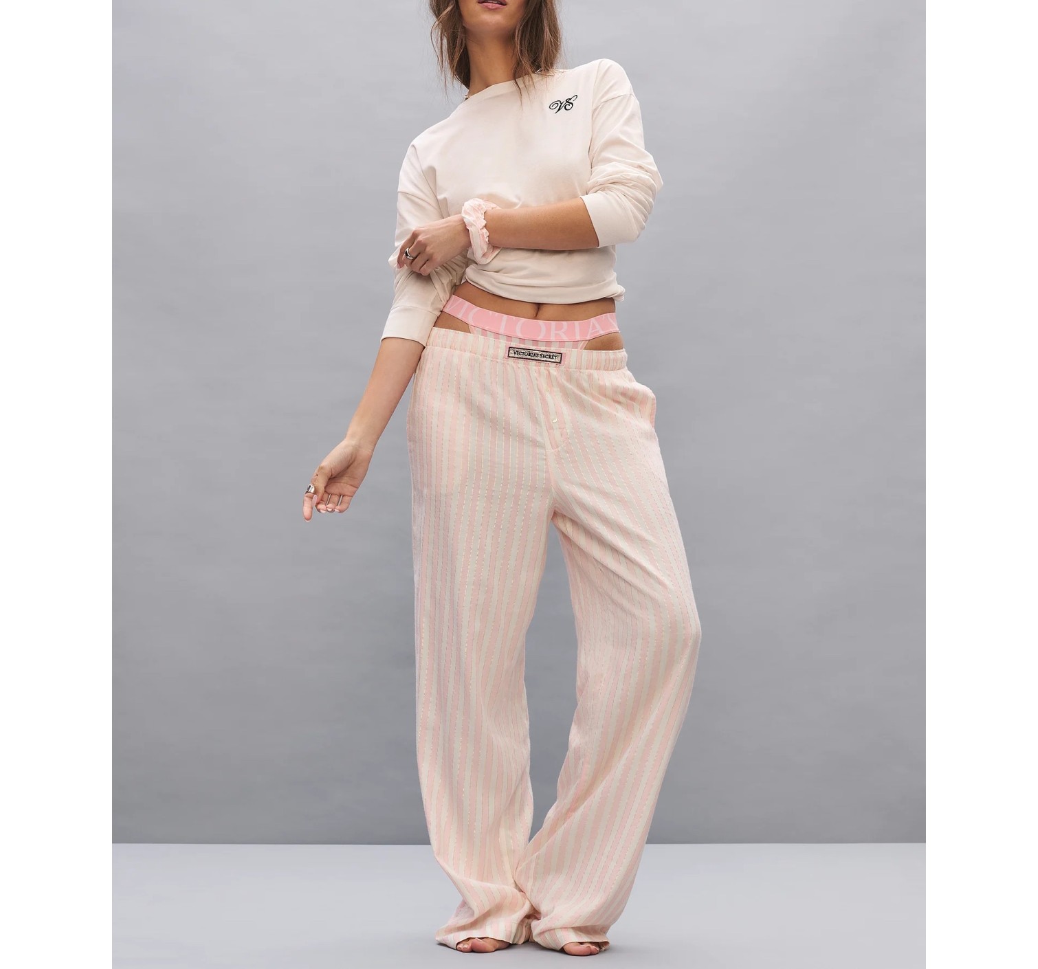 Піжама Flannel Long Tee-Jama & Scrunchie Set White & Pink Shimmer Heritage Stripes