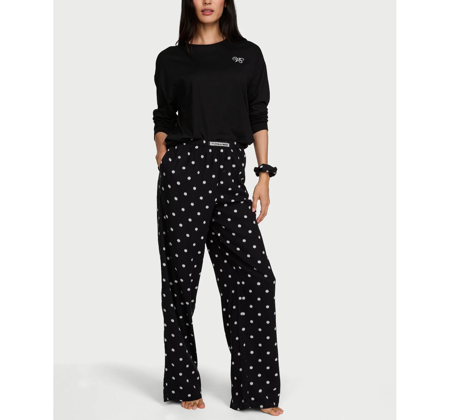 Піжама Flannel Long Tee-Jama & Scrunchie Set Black & White Dots