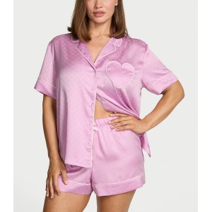 Пижама Glazed Satin Heart Short Pajama Set Bikini Pink Jacquard Heart Pocket