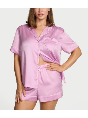 Пижама Glazed Satin Heart Short Pajama Set Bikini Pink Jacquard Heart Pocket