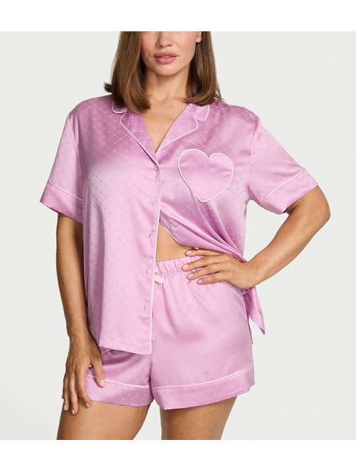 Пижама Glazed Satin Heart Short Pajama Set Bikini Pink Jacquard Heart Pocket