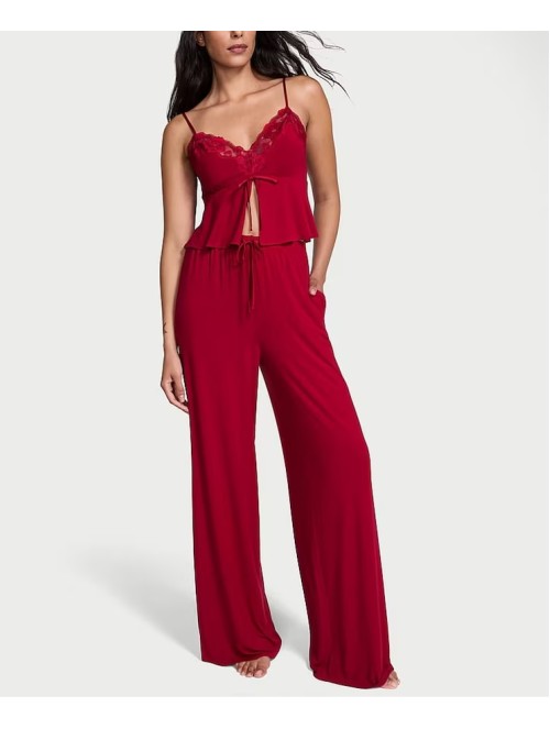 Пижама Lace Modal Cami & Wide Leg Trousers Set Red Lacquer