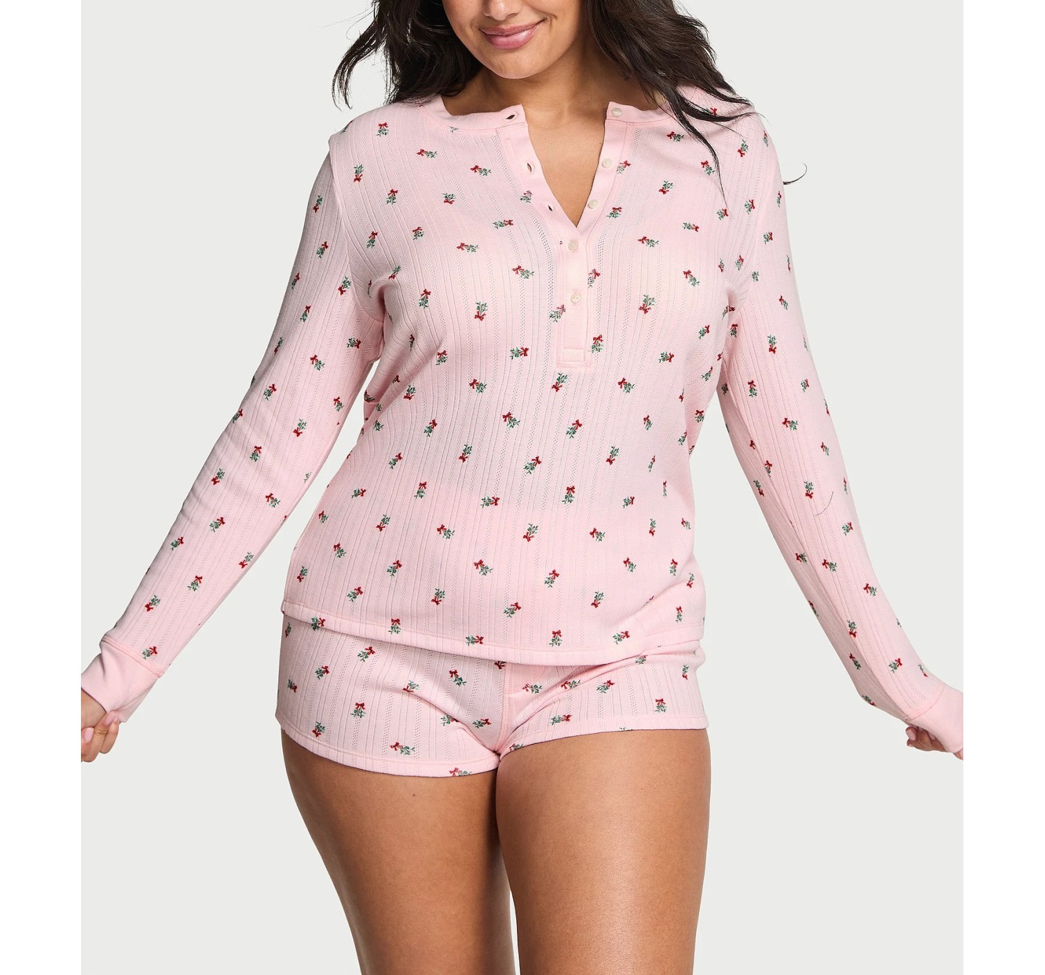 Піжама Cozy Pointelle Henley Short Pajama Set Angel Pink Mistletoe Graphic