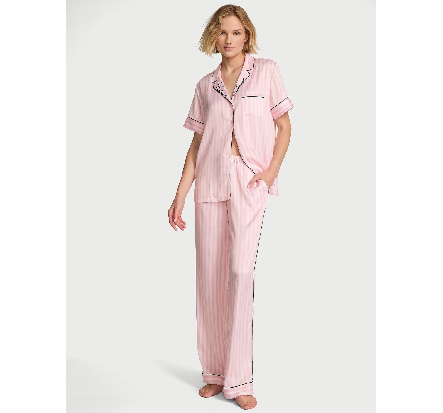 Пижама Signature Satin Short-Sleeve Long Pajama Set Iconic Pink Stripes