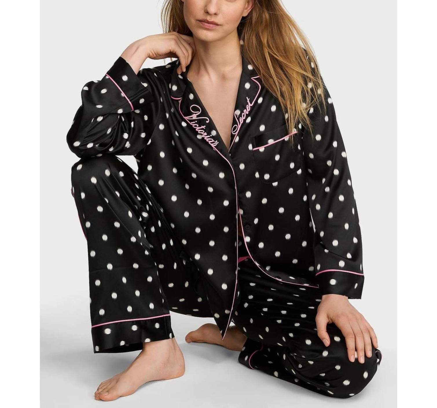 Пижама Signature Satin Long Pajama Set Black Dot