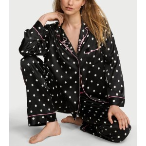 Пижама Signature Satin Long Pajama Set Black Dot