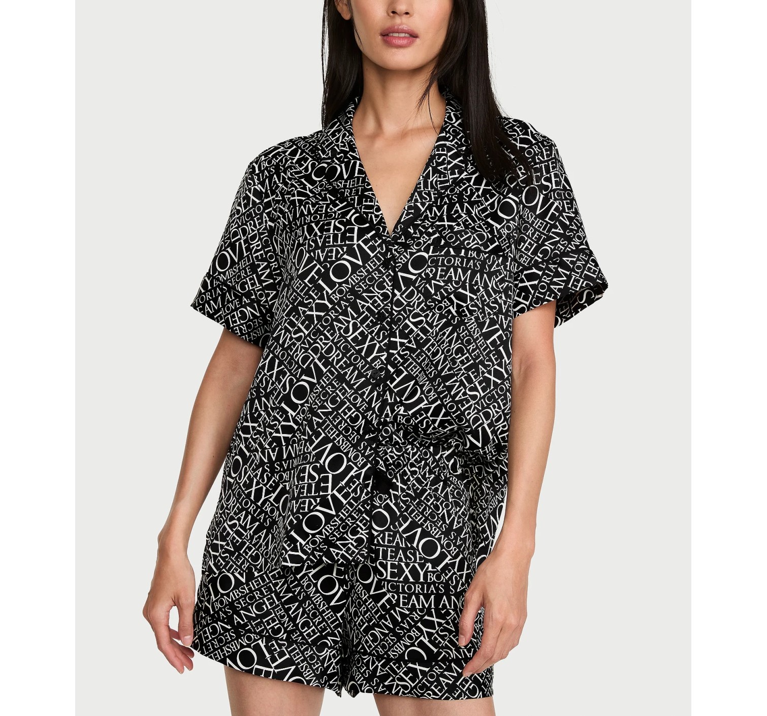 Піжама Signature Satin Short Pajama Set Black & White Newspaper
