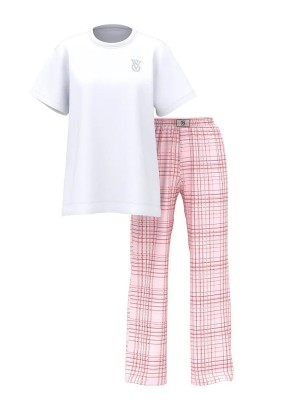 Піжама Flannel Short-Sleeve Long Tee-Jama Set Pink Plaid