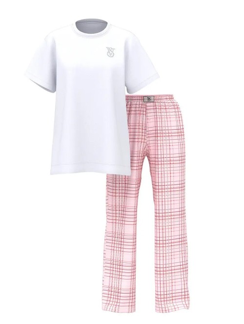 Пижама Flannel Short-Sleeve Long Tee-Jama Set Pink Plaid