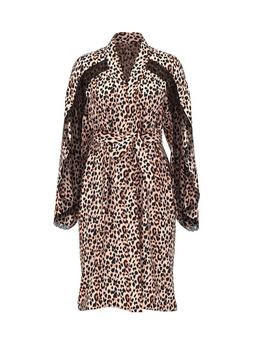 Халат Satin Rose Lace-Trim Midi Robe Leopard