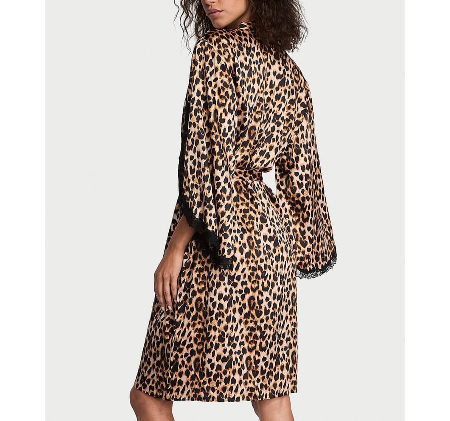 Халат Satin Rose Lace-Trim Midi Robe Leopard