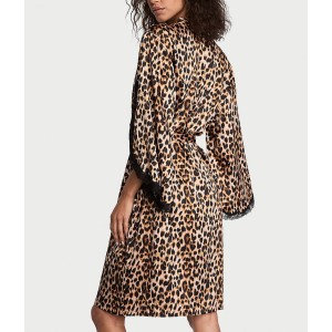 Халат Satin Rose Lace-Trim Midi Robe Leopard