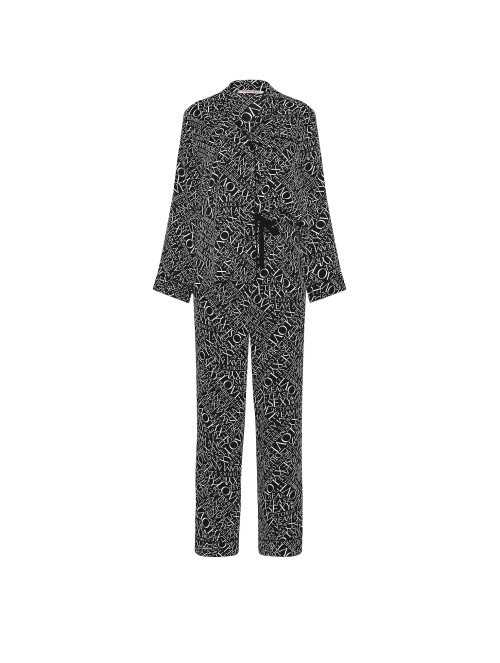 Пижама Signature Satin Long Pajama Set Black & White Newspaper