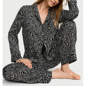 Пижама Signature Satin Long Pajama Set Black & White Newspaper