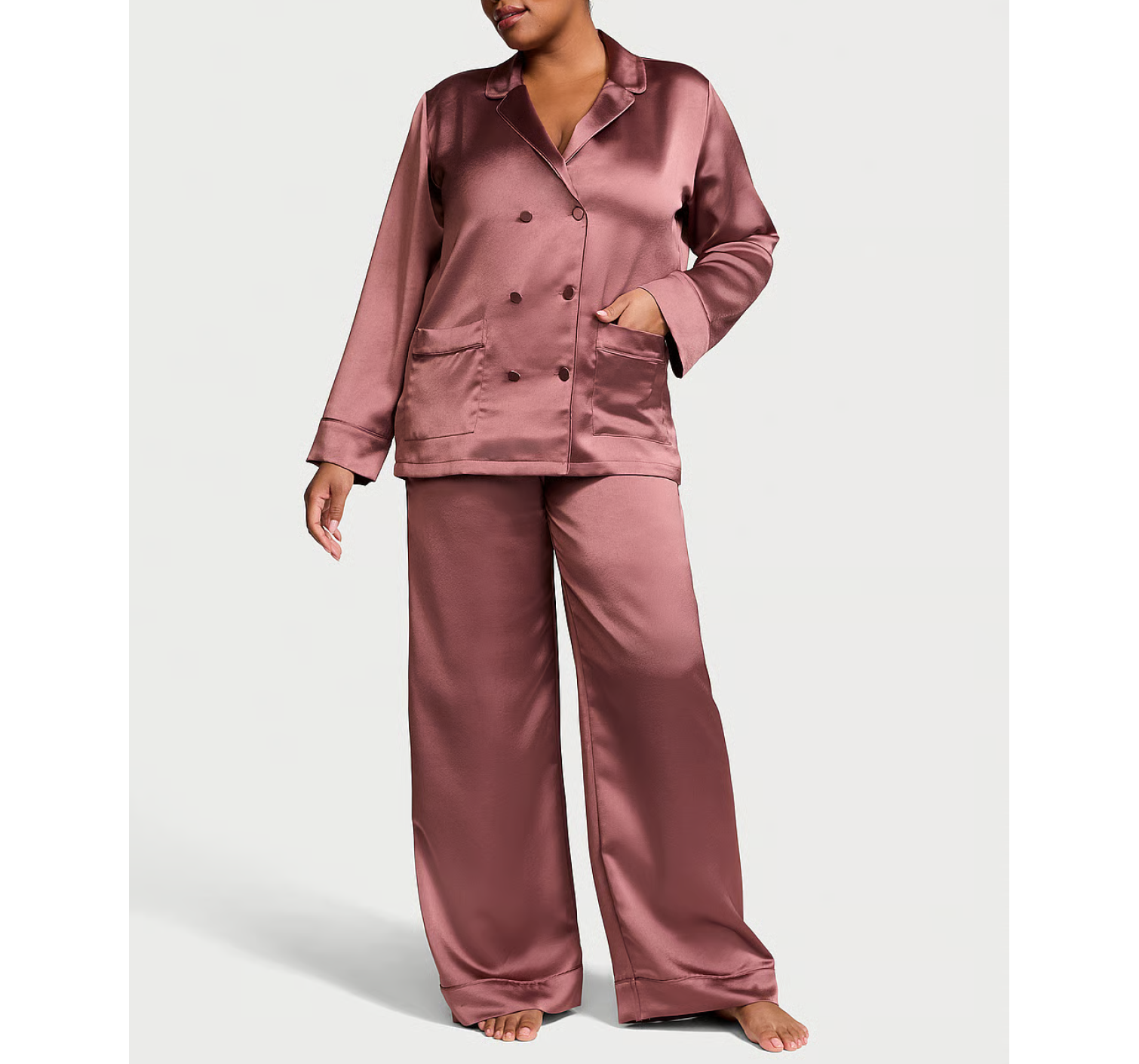 Піжама Luxe Satin Double -Breasted Long Pajama Set Rose
