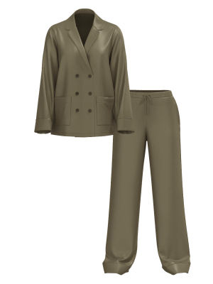 Піжама Luxe Satin Double -Breasted Long Pajama Set Olive