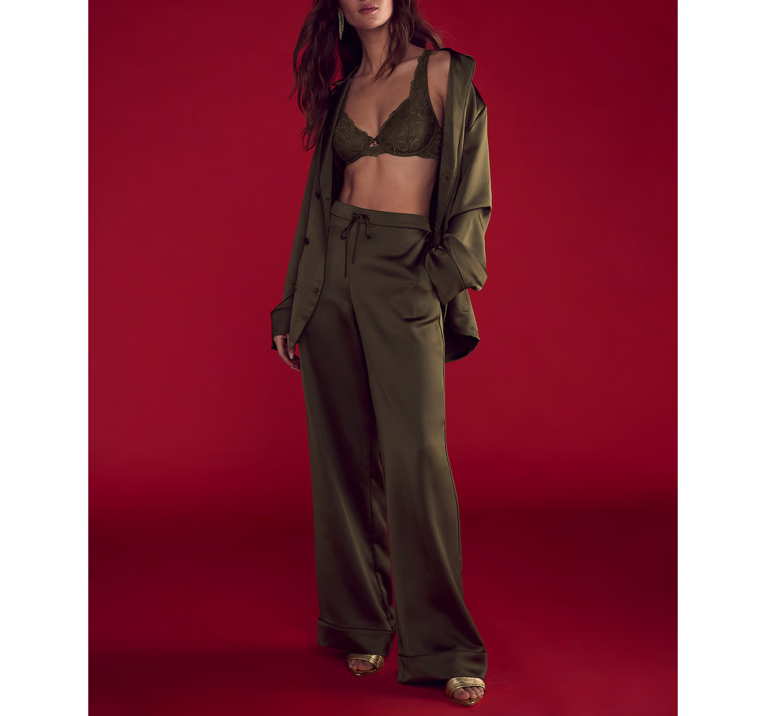 Пижама Luxe Satin Double -Breasted Long Pajama Set Olive
