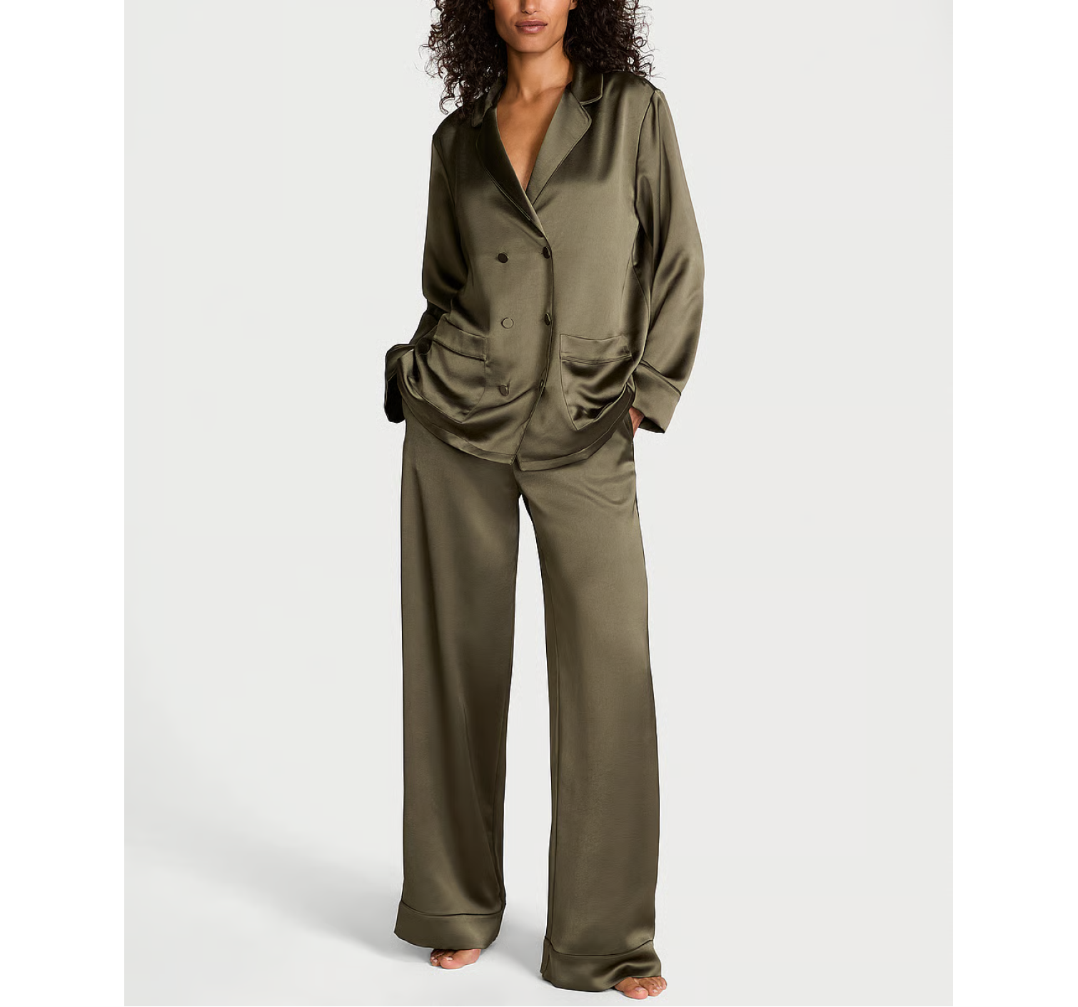 Пижама Luxe Satin Double -Breasted Long Pajama Set Olive