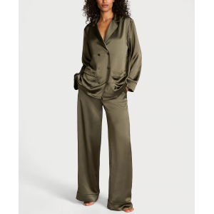 Пижама Luxe Satin Double -Breasted Long Pajama Set Olive