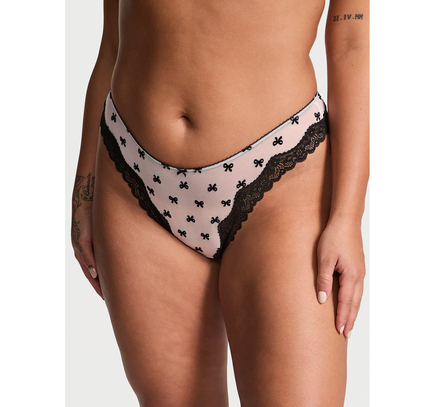 Трусики Tease Mesh Lace-Trim High-Leg Thong Panty Purest Pink Bows