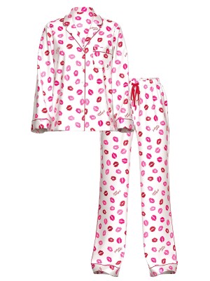 Пижама Victoria's Secret Glazed Satin Long Pajama Set Coconut White & Lipstick Kisses
