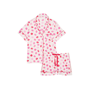 Пижама Glazed Satin Short Pajama Set Coconut White & Lipstick Kisses