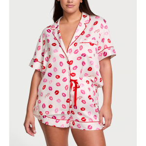 Пижама Glazed Satin Short Pajama Set Coconut White & Lipstick Kisses